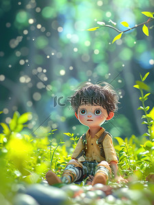 小男孩坐在春天的森林里插画