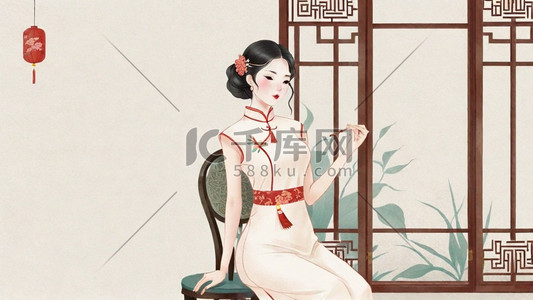 妇女节插画图片_妇女节民国穿旗袍的优雅女性插画6