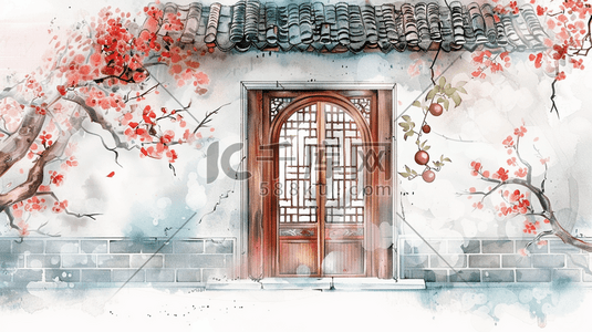 中式手绘国风庭院建筑灯笼的插画3