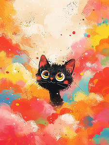 彩云插画图片_藏在彩云中的小黑猫插画设计