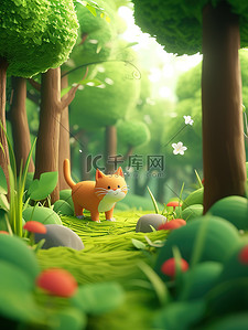 小猫咪清新插画图片_春天森林中的小猫咪图片