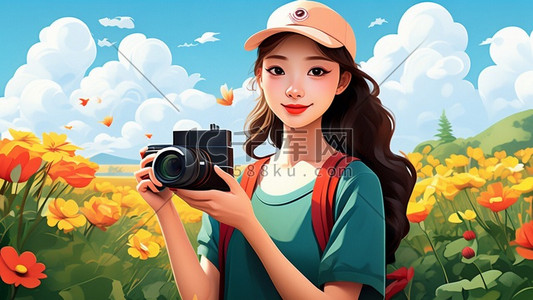 相机插画图片_卡通矢量少女手持相机手持鲜花原创插画