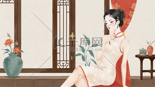 妇女节插画图片_妇女节民国穿旗袍的优雅女性插画12