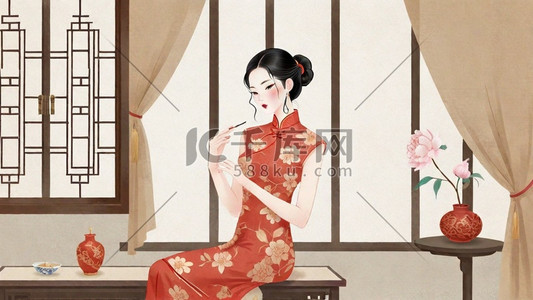 妇女节民国穿旗袍的优雅女性插画