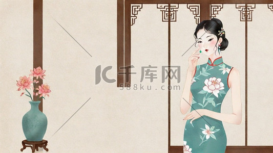 妇女节插画图片_妇女节民国穿旗袍的优雅女性插画3