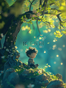 春天的叶子插画图片_小男孩坐在春天的森林里原创插画