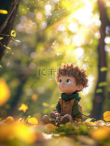 春天的叶子插画图片_小男孩坐在春天的森林里矢量插画