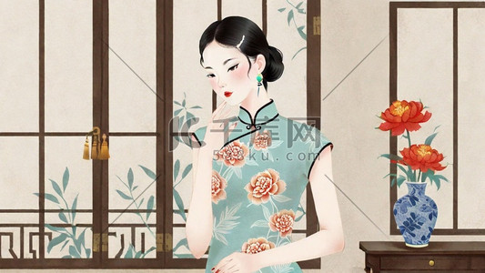妇女节民国穿旗袍的优雅女性插画7