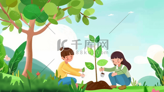 绿色环保卡通背景插画图片_卡通绿色植树节山坡上种树的孩子们插画
