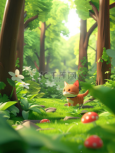 小猫咪清新插画图片_春天森林中的小猫咪插画设计