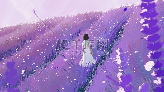 白色紫色白色插画图片_紫色田地里薰衣草女孩穿白色裙子的插画12