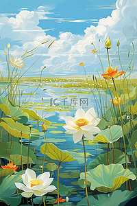 荷花池塘手绘插画海报春天