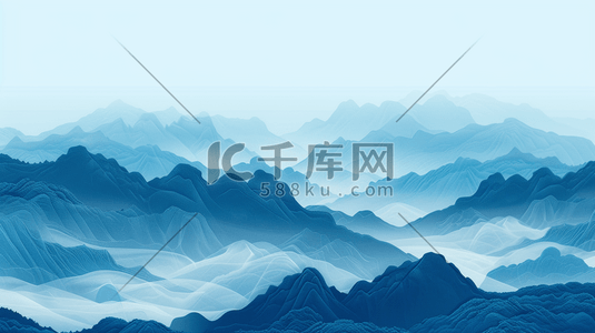 流水线条插画图片_蓝色中国风山水风景插画15