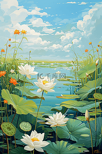 高清黄色插画图片_春天荷花海报池塘手绘插画