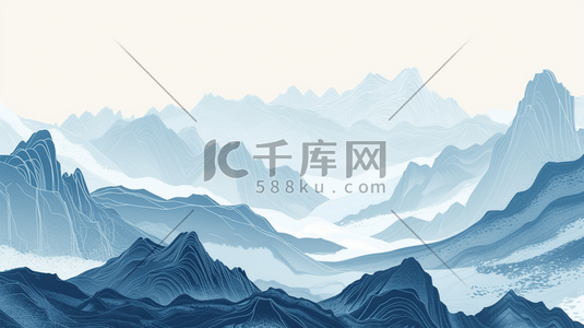 线条蓝色插画图片_蓝色中国风山水风景插画1