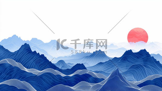 纹理水墨中国风插画图片_蓝色中国风山水风景插画111