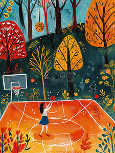 打篮球篮球插画图片_操场春天孩子篮球手绘插画海报