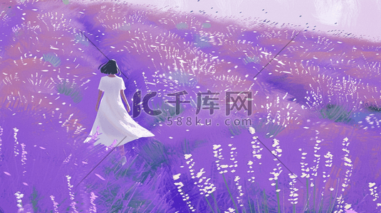 紫色田地里薰衣草女孩穿白色裙子的插画13