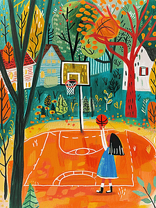 打篮球篮球插画图片_春天操场孩子篮球手绘插画海报