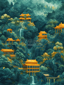 中国山水建筑水彩风格插画海报