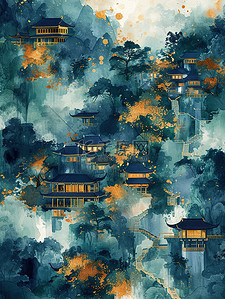 中国山水建筑水彩风格插画素材