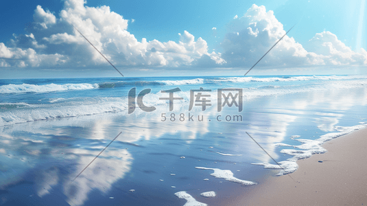 简约清新蓝色海边沙滩上浪花的插画5