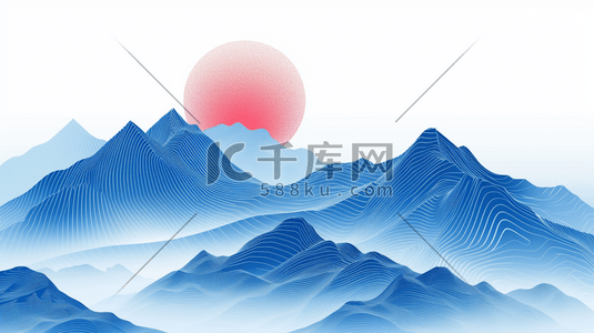 蓝色中国风插画图片_蓝色中国风山水风景插画36