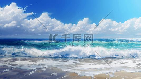 简约清新蓝色海边沙滩上浪花的插画19