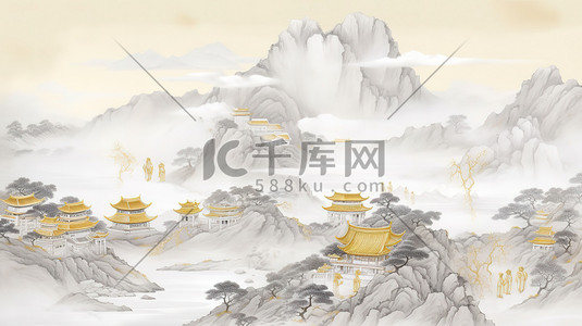 灰色云雾插画图片_浅灰色和金色中国风山水画插图