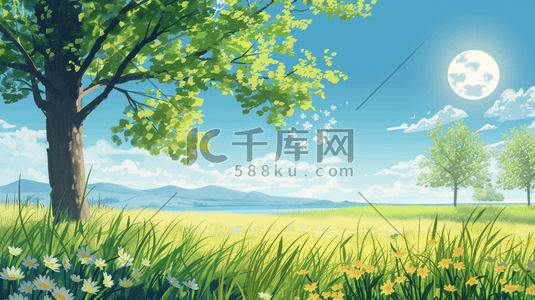 春天彩色手绘山色风景风光的插画10