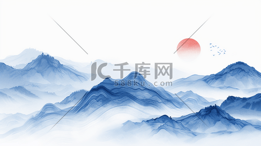 流水线条插画图片_蓝色中国风山水风景插画19