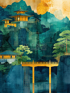 中国山水建筑水彩风格插画设计