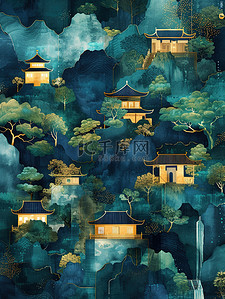 中国山水建筑水彩风格素材