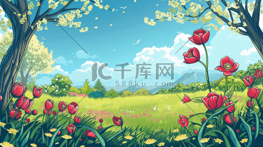 春天彩色手绘山色风景风光的插画6