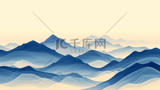 流水线条插画图片_蓝色中国风山水风景插画7