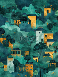 中国山水建筑水彩风格插画设计