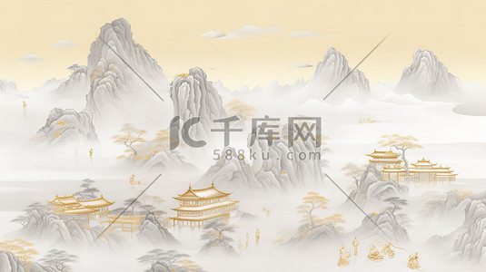 灰色云雾插画图片_浅灰色和金色中国风山水画插画海报