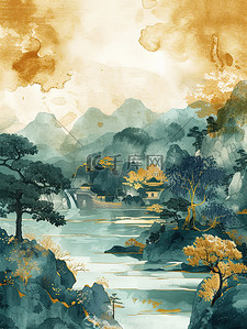 中国山水建筑插画图片_中国山水建筑水彩风格图片