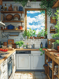 迷人厨房空间动漫风格插画海报