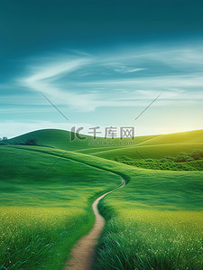 绿草地蜿蜒曲折的小路插画海报