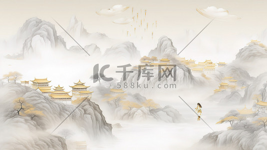 灰色云雾插画图片_浅灰色和金色中国风山水画插画
