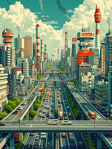 城市高楼交通道路插画