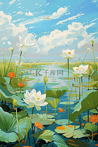 手绘春天荷花池塘插画海报