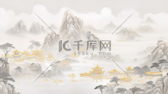 灰色云雾插画图片_浅灰色和金色中国风山水画插画