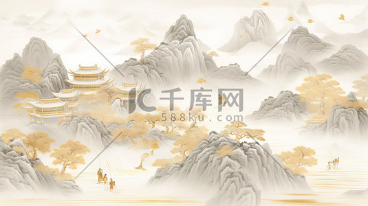 灰色墨圈插画图片_浅灰色和金色中国风山水画插画