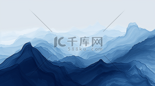 蓝色中国风山水风景插画12