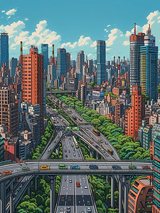 城市高楼交通道路插画