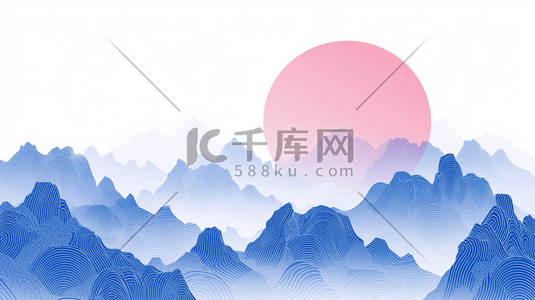 蓝色中国风山水风景插画37