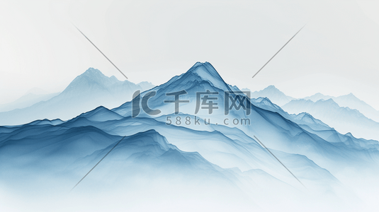 蓝色手绘纹理插画图片_蓝色中国风山水风景插画3
