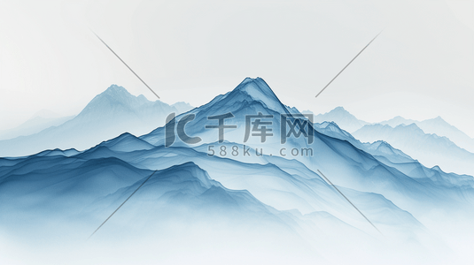 水墨落日风景插画图片_蓝色中国风山水风景插画3